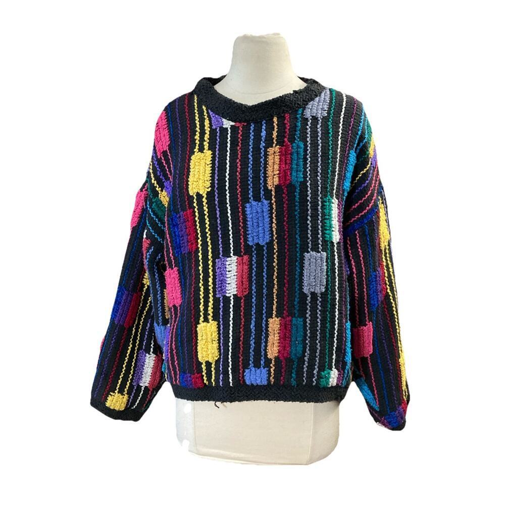 Allen Wah 3D Sweater Vtg Women’s Sz M Colorful‎ Woven Cotton Blend Textured 80s